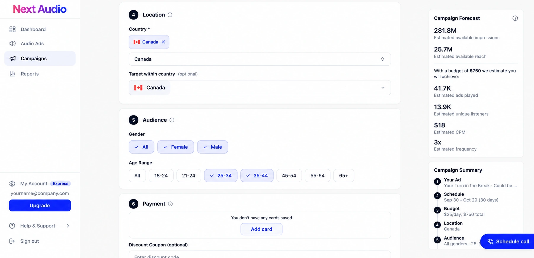 Next Audio Self Serve audience-targeting interface