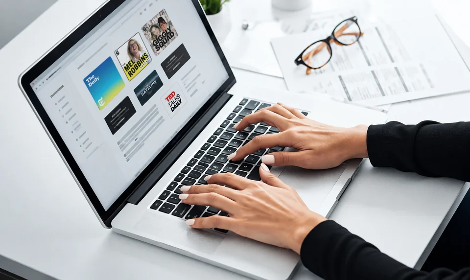 Planning a podcast advertising campaign on a laptop displaying real podcast artwork