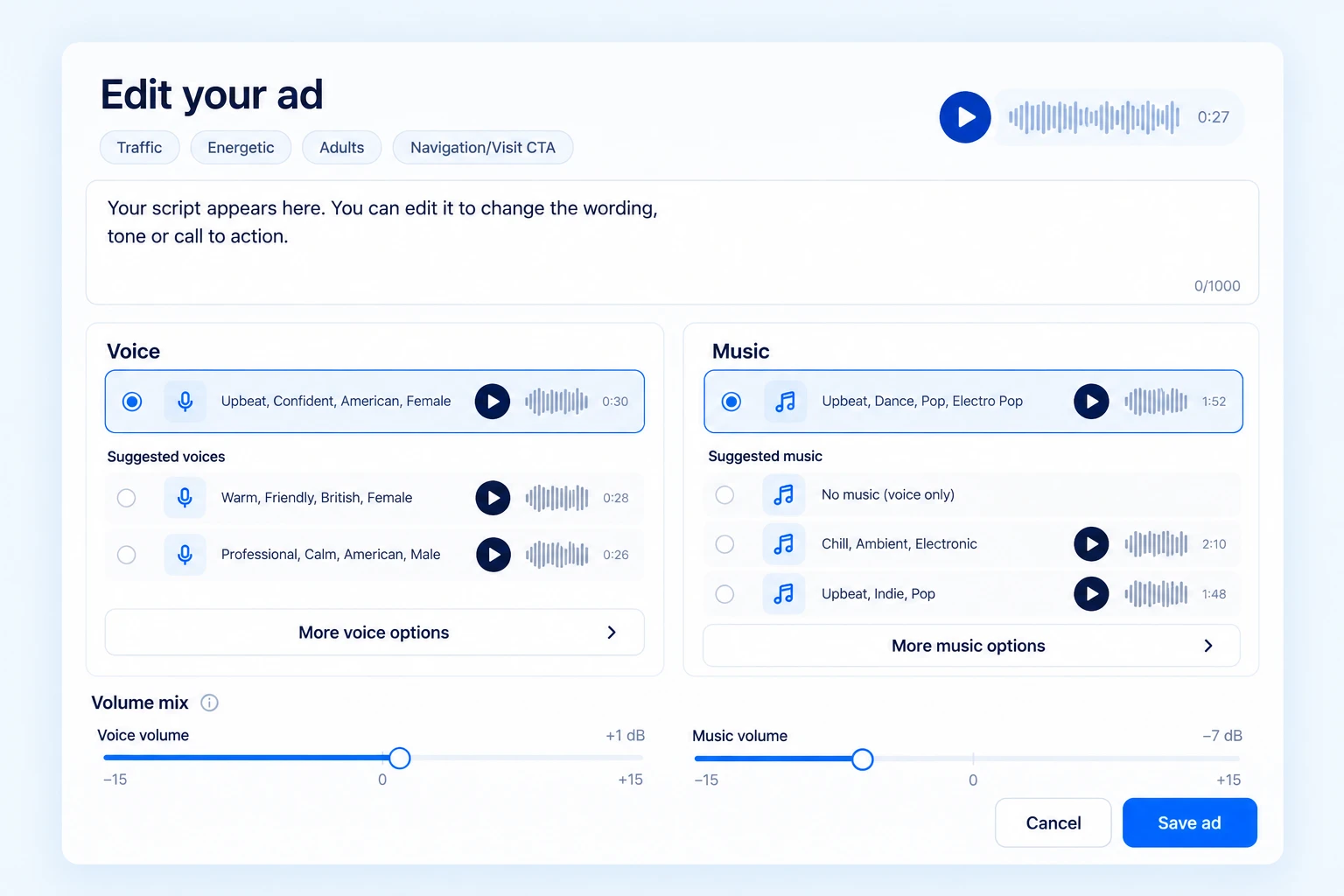 Edit your ad: script, voice, music and volume mix